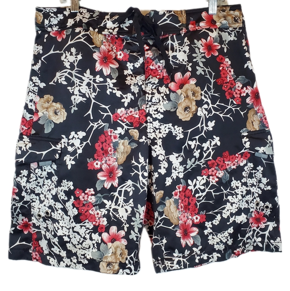 Xdye Japanese Island Floral Cargo Board Shorts 36 XL Mens Beach Swim Trunks Surf